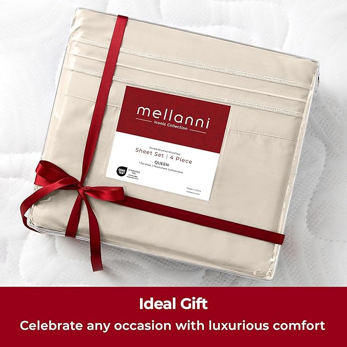 Mellanni Twin XL Sheets Set - 3 PC Iconic Collection Bedding - Hotel Luxury, Extra Soft, Cooling Bed Sheets - Wrinkle, Fade, Stain Resistant (Twin Extra Long, Beige)