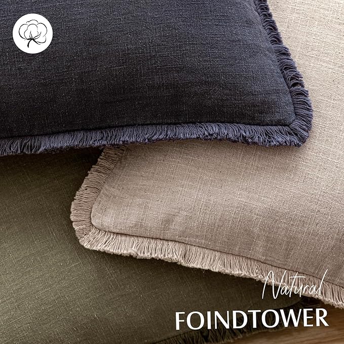 Foindtower Set of 2 Decorative Linen Fringe Lumbar Throw Pillow Covers Farmhouse Cushion Cover with Tassels Accent Pillowcase for Couch Sofa Bed Living Room Home Decor,12×20 Inch,Natural Linen