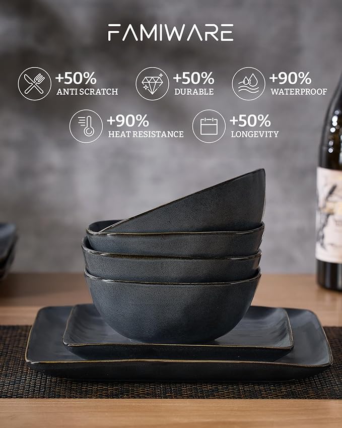 Famiware Dinnerware Sets for 6, Ocean Square 18-Piece Kitchen Plates and Bowls Sets, Microwave and Dishwasher Safe, Scratch Resistant, Matte Black