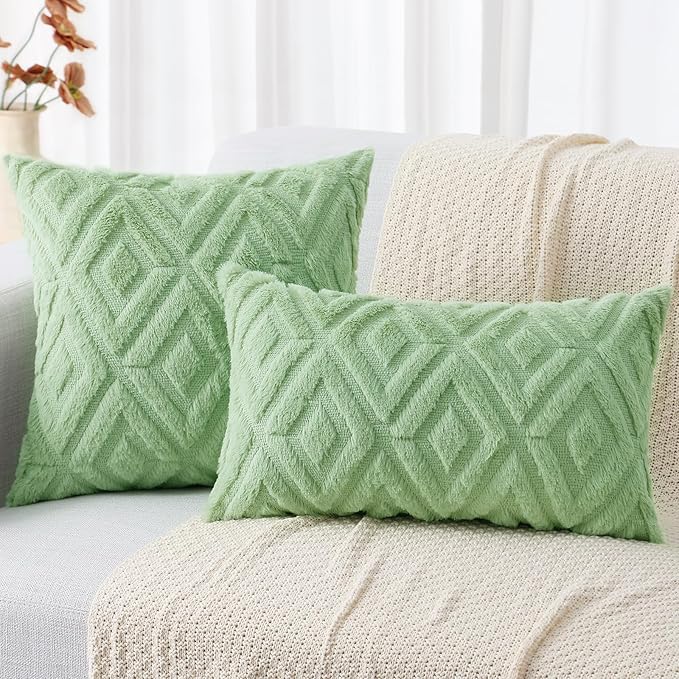 decorUhome Couch Throw Pillow Covers 12x20 Set of 2, Decorative Soft Plush Faux Wool Lumbar Neutral Accent Pillow Covers for Bed Sofa Living Room, Sage Green