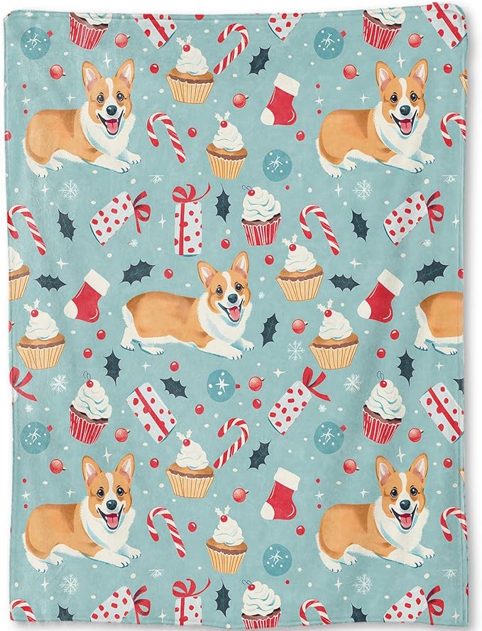 Cute Christmas Corgi Blanket - Festive Dog Fleece Throw,Gifts for Kids Adult, Soft & Warm,Lightweight, for Holiday Decor,Winter Celebration, and Room Home Accents 60x80in