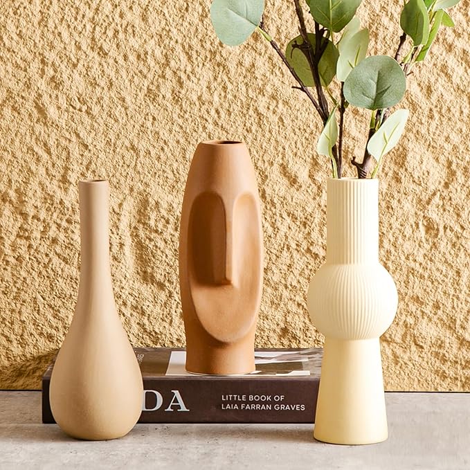Ceramic Flower Vase Set of 3, Home Decor Vases for Centerpieces, Tulips Flowers Pampas Grass Decor, Boho Rustic Farmhouse Kitchen Bedroom Bathroom Living Room Office Wall Decor Aesthetic -Beige