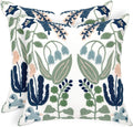 Alysheer Floral Embroidered Summer Decorative Throw Pillow Covers 20"x 20" Set of 2, Farmhouse Cottage Navy Blue Green Flowers Leaves Knit Pattern Cotton Canvas Cushion Case for Couch Bed Living Room