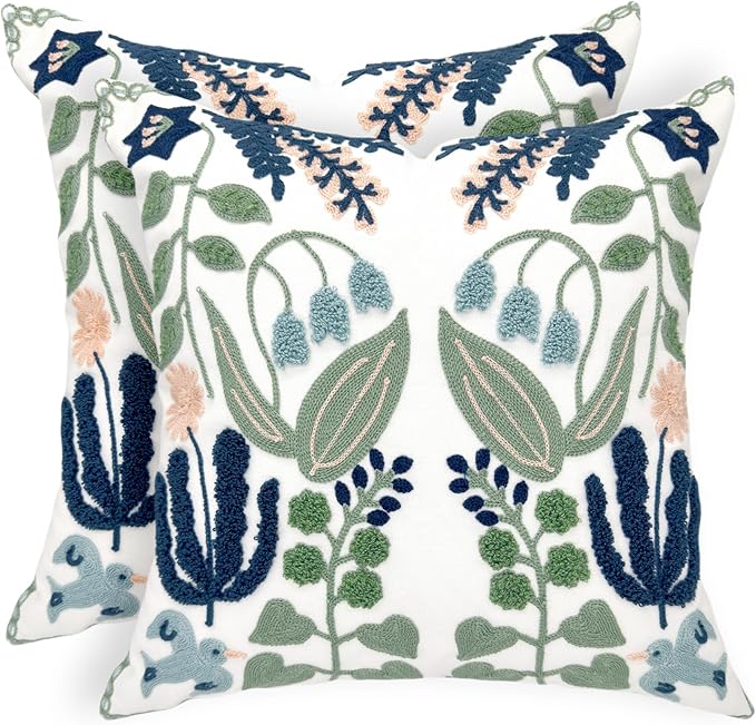 Alysheer Floral Embroidered Summer Decorative Throw Pillow Covers 20"x 20" Set of 2, Farmhouse Cottage Navy Blue Green Flowers Leaves Knit Pattern Cotton Canvas Cushion Case for Couch Bed Living Room