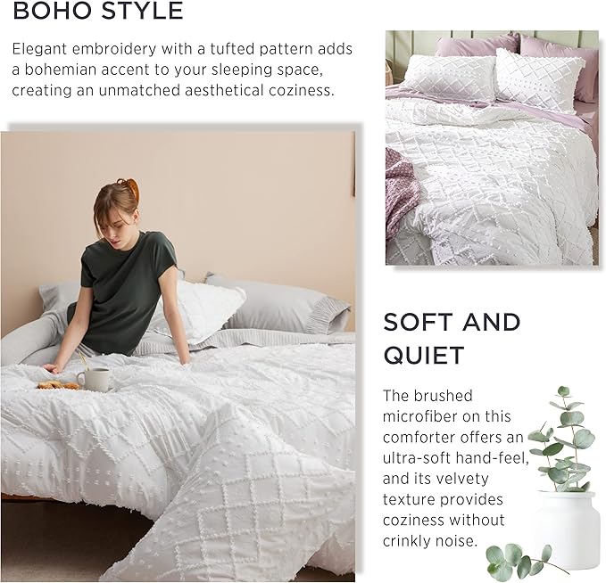 Bedsure King Comforter Set - White Comforter, Boho Tufted Shabby Chic Bedding for Kids, 3 Pieces Vintage Farmhouse Bed Set for All Seasons, Fluffy Soft Bedding with 2 Pillow Shams