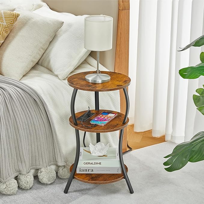 Small Round Side Table with Charging Station, 3-Tier Waist Circular End Table with Storage Shelf, Compact Tea Sofa Side Table Small Spaces, Round Corner Coffee Table for Living Room Bedroon,Brown