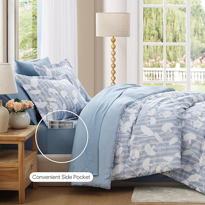 Queen Comforter Set -7 Pieces Blue Floral Comforter Set for All Seasons, Bed in a Bag Queen with Botanical Flowers Comforter, Sheets, Pillowcases & Shams