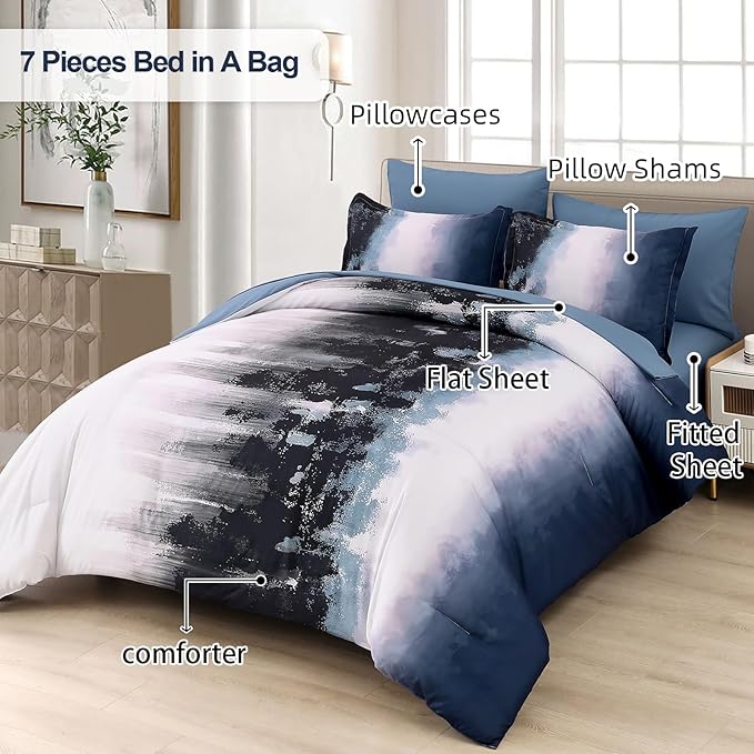 Dinjoy Ombre Blue Comforter Set Queen Size Gradient Navy Blue Black Boho Bedding Set for Teen Men Women 7 Pieces Bed in A Bag Bohemian Bed Set with Comforter, Sheets, Pillowcases & Shams