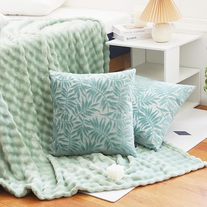 HPUK Leaf Cut Velvet Throw Pillow Covers Pack of 2, 18x18 Inch Accent Cushion Covers for Living Room, Bedroom, Decorative Pillow Covers for Couch, Sofa, Chair, Mint