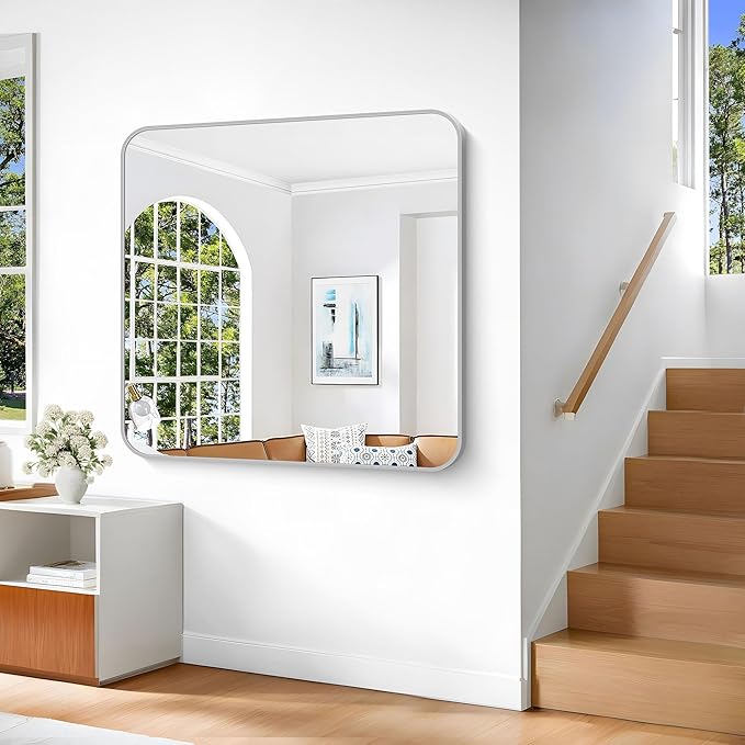 Silver Bathroom Mirror, 42 x 42 Inch Silver Square Mirror, Metal Framed Rectangular Vanity Mirror, Rounded Corner Wall Mounted Mirror for Living Room Bedroom Entryway Hangs Horizontal/Vertical