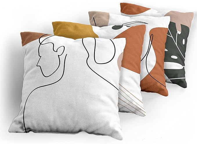 Ambesonne Minimal Throw Pillow Cushion Case Pack of 4, Modern Line Art Woman Portrait with Contemporary Leafy Geometric Details, Modern Accent Double-Sided Digital Printing, 24", Rust Tan and Mustard