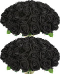 50 PCS Fake Black Roses, Artificial Flowers Bulk Halloween Decorations Realistic Silk Faux Black Roses with Stems for Gothic Wedding Party Decor, Bridal Bouquets DIY Floral Arrangement Home Decor
