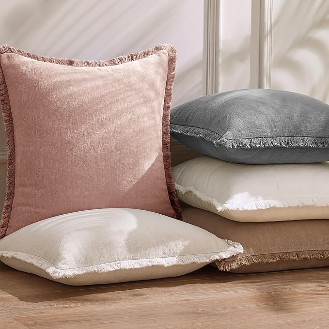 Woaboy Set of 2 Decorative Linen Fringe Throw Pillow Covers Boho Farmhouse Cushion Covers Accent Pillowcases with Tassels for Living Room Couch Sofa Bed Chair,18x18 Inch,Light Pink