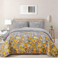 WONGS BEDDING Gold Quilt Set Queen Size, 3 Pieces Grey Gold Floral Bedspread Coverlet Set, Soft Microfiber Lightweight Floral Bedding Set Queen 96"×90"