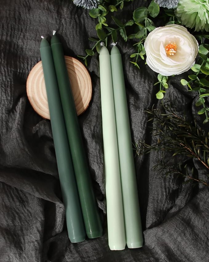 10-Inch Tall Dripless Taper Candles Set of 12 - Tapered Candlesticks - Smokeless, Unscented, Long Burning - Hand Poured, Colored for Home Decor Wedding, Dinner - Green