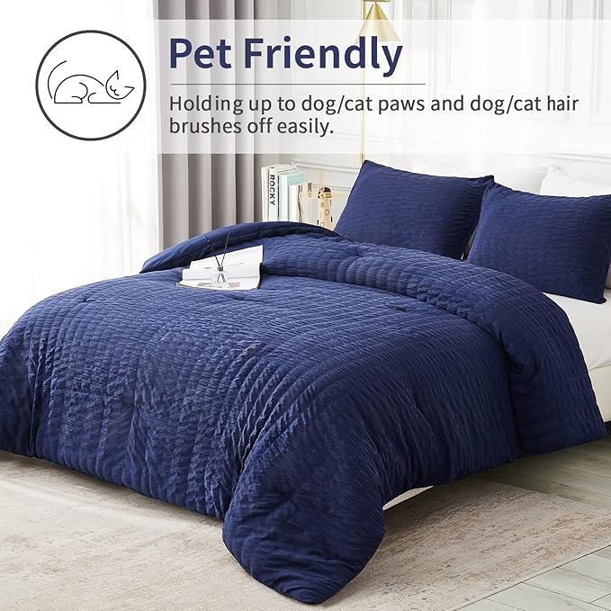 AveLom Seersucker Full Comforter Set (80x90 inches), 3 Pieces - 100% Soft Washed Microfiber Lightweight Comforter with 2 Pillowcases, All Season Down Alternative Comforter Set for Bedding, Navy