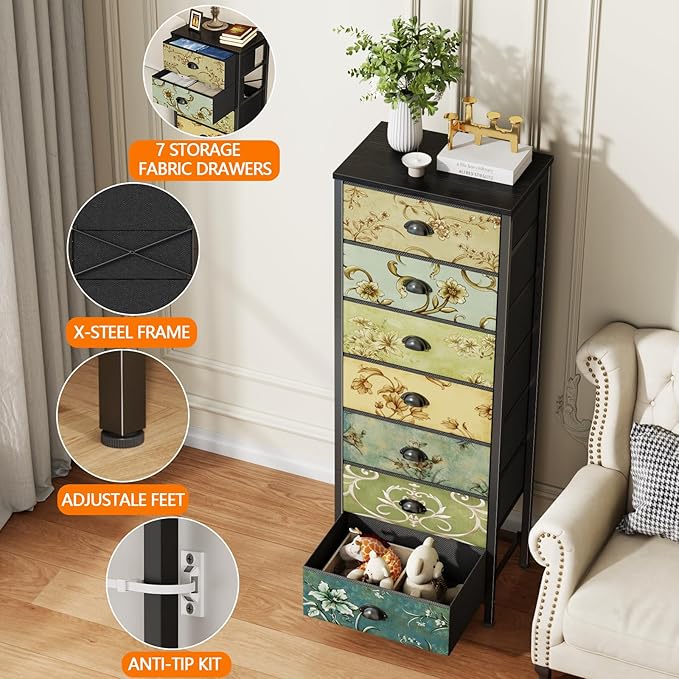 Furnulem Tall Dresser for Bedroom with 7 Fabric Drawers, Vintage Dressers & Chest of Drawers, Vertical Storage Tower Organizer Unit Retro Bedside Furniture in Closet,Living Room,Nusery,Dorm,Entryway