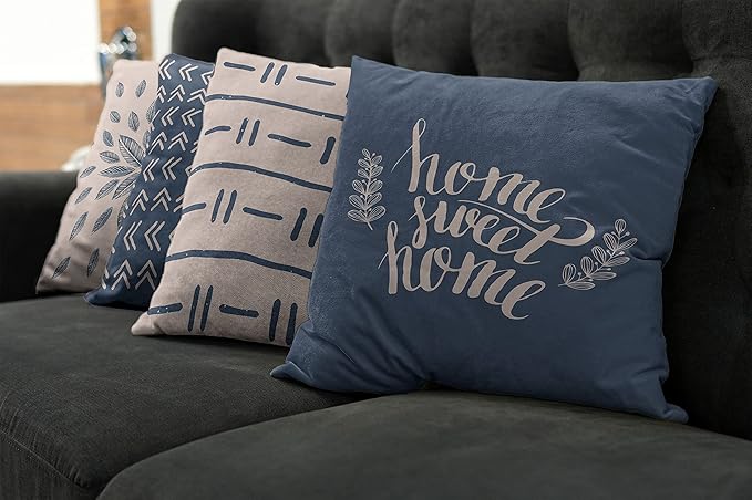Ambesonne Modern Throw Pillow Cushion Case Pack of 4, Scandinavian Minimal Ornaments Boho Feather Leaves and Home Phrase, Modern Accent Double-Sided Digital Printing, 24", Pale Tan and Slate Blue