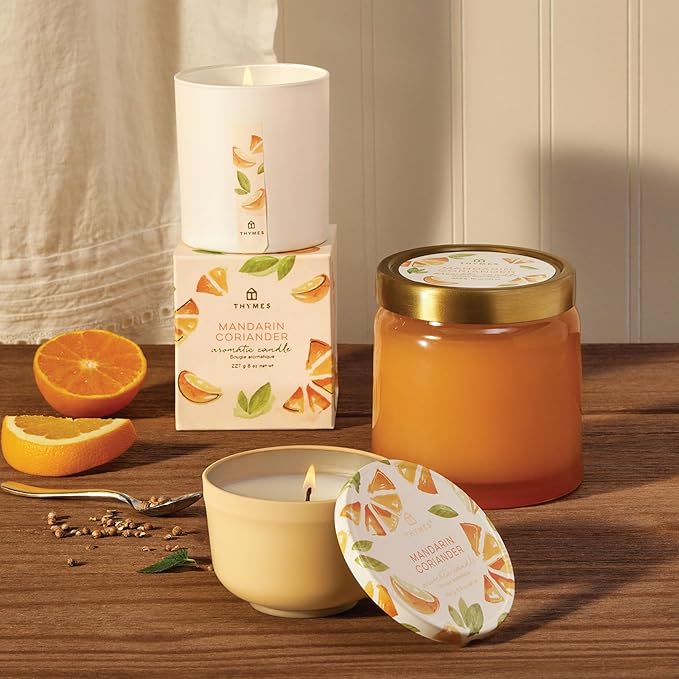 Thymes Scented Candles for Women & Men – Tin with Lid – Luxury Home Decor – Citrus Candle with Notes of Mandarin Oil, Coriander, Grapefruit, Lemon Balm & Green Ivy (Mandarin Coriander, 6.5 oz)