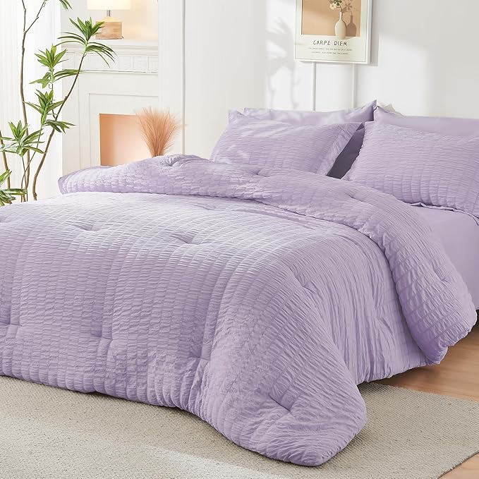 HYMOKEGE Lavender Queen Comforter Set Seersucker 7 Pieces, All Season Luxury Bed in a Bag for Bedroom, Bedding Set with Comforters, Sheets, Pillowcases & Shams