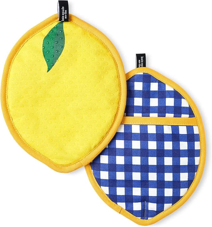 kate spade new york Lemon Party and Spring Gingham Pot Holder 2-Pack Set, Heat Resistant, 100% Cotton, Navy Blue/Yellow, 7"x10"