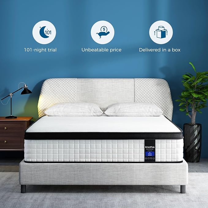 Inofia Queen Mattress, 10 Inch Hybrid Innerspring Spring with Memory Foam, Cool Bed in a Box, Pressure Relief with Motion Transfer, Mattress Queen Size
