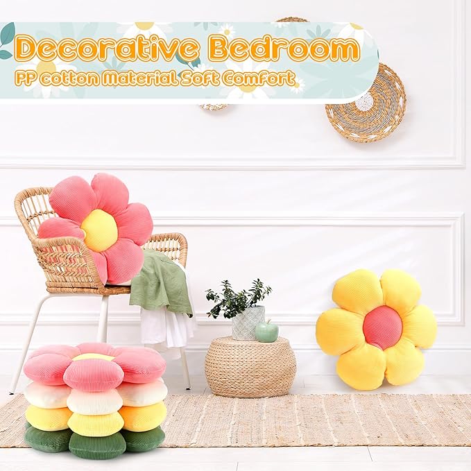 Coume 4 Pcs Flower Pillows 15" Cute Plush Flower Throw Pillows Daisy Floor Seat Cushion for Bed Sofa Couch Chair Classroom Corner Office Christmas Room Decor(Bright Colors)