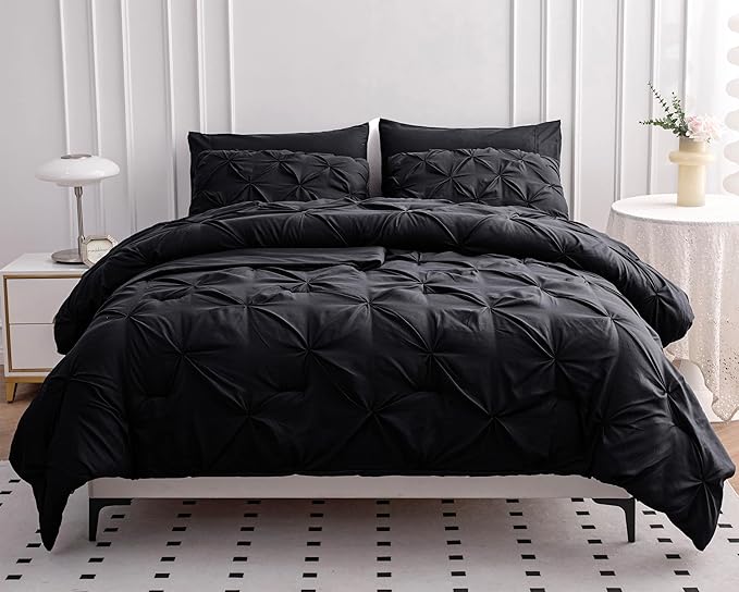 LANE LINEN Comforter Set - 7 Piece Complete Set Including Sheets, Pillowcases, Shams - Soft Premium King Size Bed in a Bag Set, Pintuck - Black