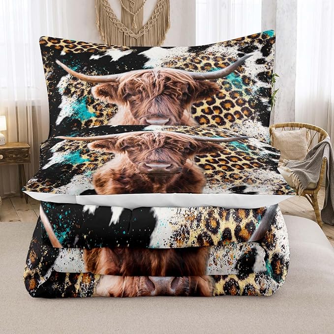 Tailor Shop Western Highland Cow Bedding Queen Size Wild Cow Print Comforter Sets for Kids Teens Boys Leopard Comforter Sets with 2 Pillowcases