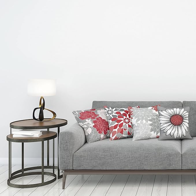 Ambesonne Floral Throw Pillow Cushion Case Pack of 4, Flower Petals Modern Color Palette Chamomile Peony Dahlia and Sunflower Print, Modern Accent Double-Sided Digital Printing, 16", Grey Dark Pink