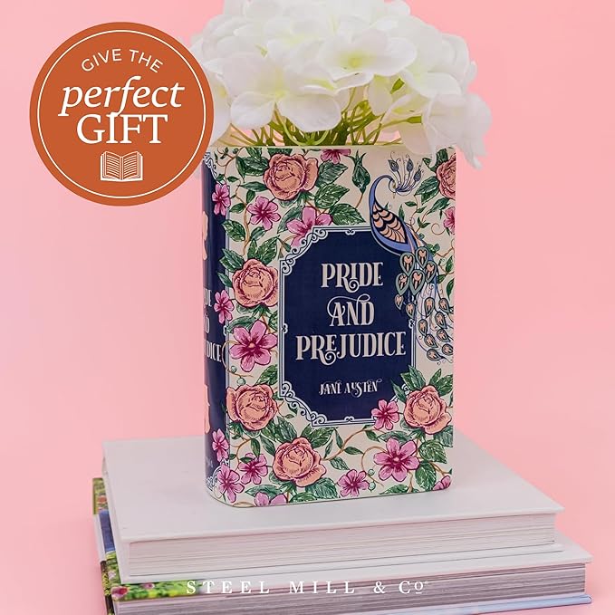 Steel Mill & Co Original Book-Shaped Decorative Vase, Ceramic Vases for Home Decor, Cute Bookshelf Decor, Unique Vase for Book Lovers (Large - Pride and Prejudice)