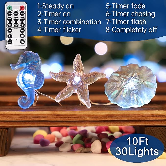 Impress Life Ocean Theme String Lights, Beach Decor Starfish Seahorse Sand Dollars Nautical Decorative Lights Battery & USB Plug In with Remote 10 ft 30 LEDs for Covered Outdoor Bedroom Birthday Party