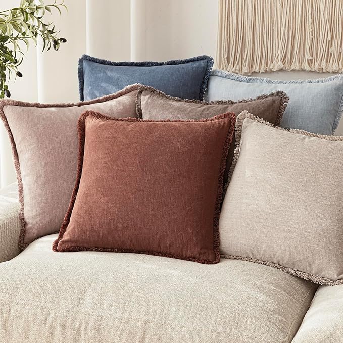 Foindtower Decorative Linen Fringe Throw Pillow Covers Cozy Boho Farmhouse Cushion Cover with Tassels Soft Accent Pillowcase for Chair Sofa Bed Living Room Home Decor, 22×22 Inch,1PC,Rust Red