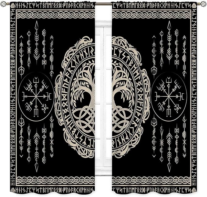 Viking Curtains, Nordic Tree of Life Celtic Rune Scandinavian Gothic Norse Mythology Aesthetic Retro Drapery for Bedroom Living Room Bathroom Window 2 Panel Set, 84"x84" Inch