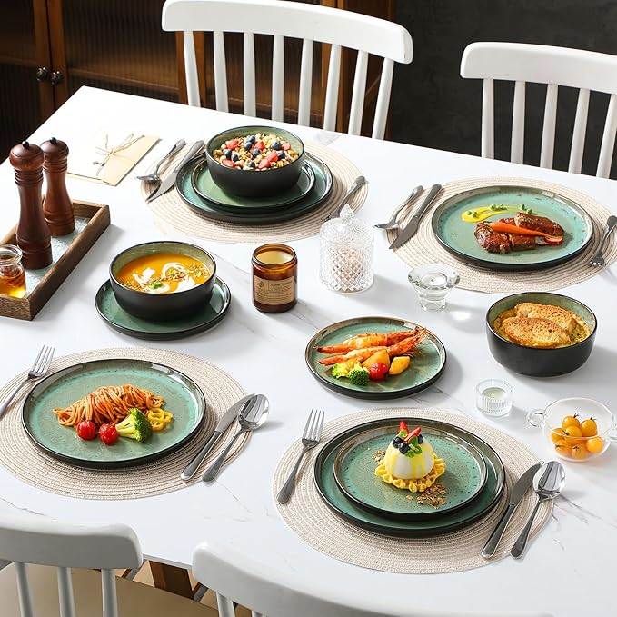 vancasso Plates and Bowls Sets, 18 Pieces Stoneware Dinnerware Sets for 6, Kitchen Dish Set Mircowave and Dishwasher Safe Dinner Set Ceramic Dishware, Turf Green, Series AMBER