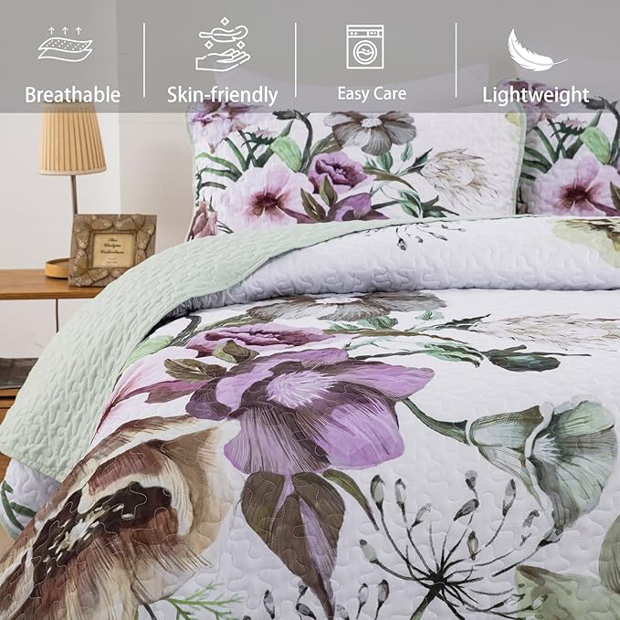 Floral Quilt Set King 3 Pieces Boho Green Quilt Coverlet Set Soft Microfiber Lightweight Green Floral Quilted Bedspread for All Season 104"x90"