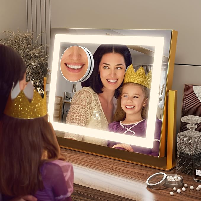 FENNIO Vanity Mirror with Lights, 12" x 16" Lighted Makeup Mirror with Smart Touch Control, 3 Color Modes & Brightness Adjustable, LED Makeup Mirror with 10X Magnification, Square Gold