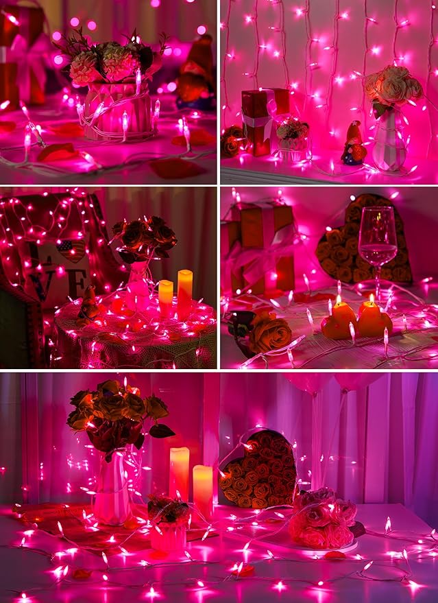 Pink Christmas Mini Lights, 39Feet 100 LED Pink String Light with 8 Lighting Modes, Connectable Valentine's Lights for Indoor Outdoor Valentine's Day Garland Wreath Holiday Decoration, White Wire