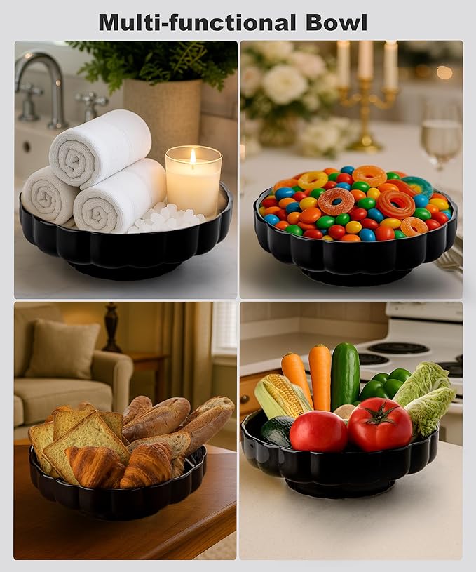 Nucookery Ceramic Petal Fruit Bowl for Kitchen Counter, 11 Inch Modern Decorative Bowl, Elegant Fruit & Vegetable Storage Container, Large Bread Basket, Black