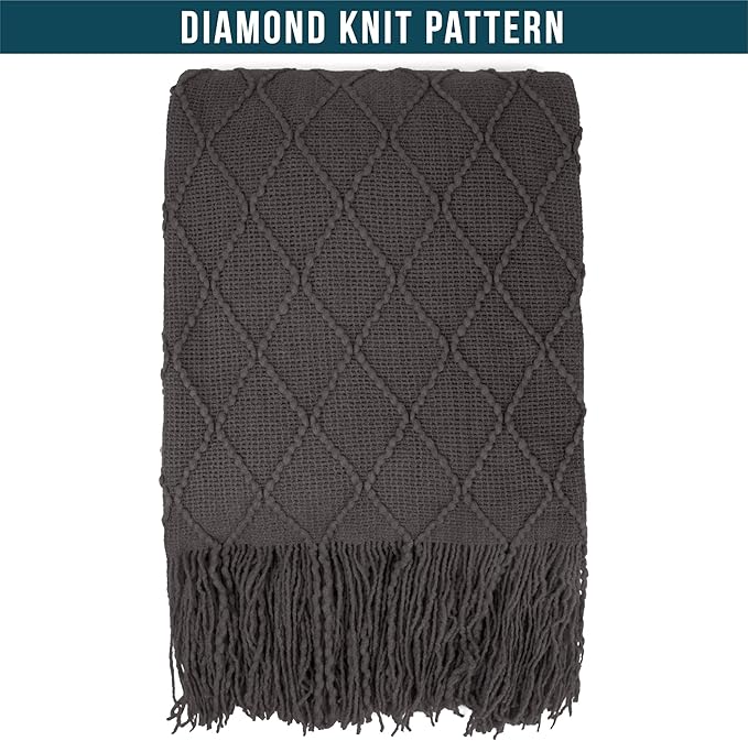 PAVILIA Dark Gray Knit Throw Blanket for Couch Bed, Soft Knitted Farmhouse Sofa Throw for Living Room, Lightweight Decorative Summer Throw Blanket for Chair, Outdoor Textured Boho Blanket, 50x60