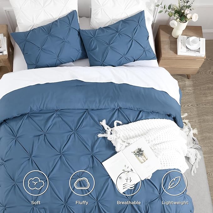 Andency Ocean Blue Queen Comforter Set, 3 Piece All Season Decorative Pintuck Bedding Comforter & Sets, Ocean Blue Soft Microfiber Lightweight Washable Bed Set for Queen Size Bed