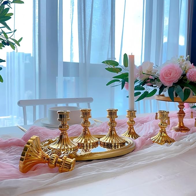 Glass Candlestick Holder,Striped Taper Candle Holders,Set of 6 Candle Stand for Table Centerpieces, Home Decor,Weddings,Festival and Parties (Gold Stripe)