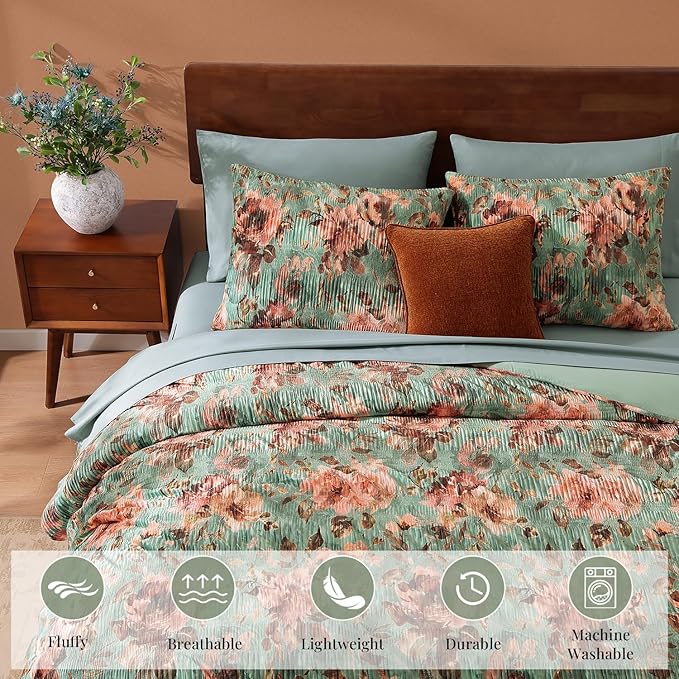 CASAAGUSTO Full Comforter Set, 7 PCS Sage & Red Floral Comforter Set with Flowers Leaves Pattern, Soft Velvet Design for Winter Full Size Bedding Set(80"X90")