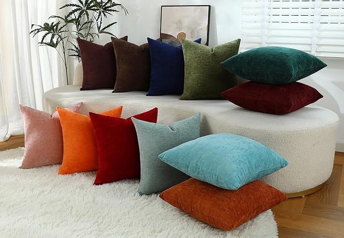 Terracotta Chenille Decorative Couch Throw Pillow Covers, Soft Cushion Cases for Home Livingroom Sofa Décor, Pack of 2, 18 x 18 Inches
