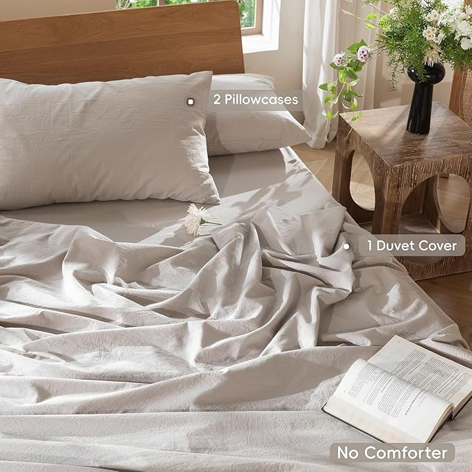 MooMee Bedding Duvet Cover Set 100% Washed Cotton Linen Like Textured Breathable Durable Soft Comfy (Solid Light Tan, Super King 108"x98")