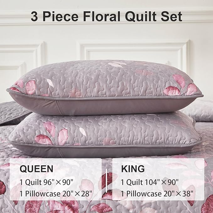 WONGS BEDDING Quilt Set Queen Size,3 Piece Pink Floral Leaves Bedspread Coverlet Set with 2 Pillowcases for All Season, Soft Mircofiber Floral Bedding Set 96"×90"