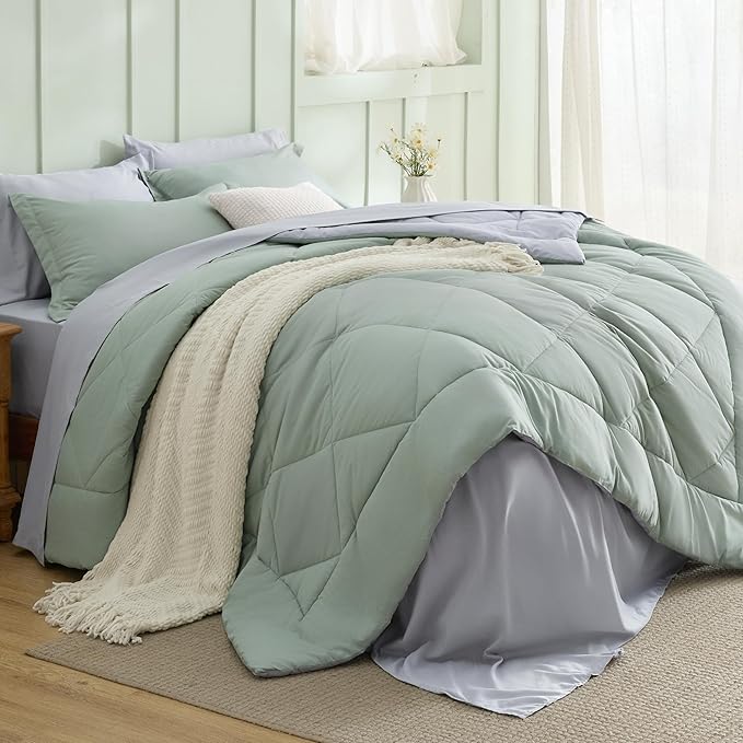 Bedsure Sage Green Queen Comforter Set - 7 Pieces Reversible Bed Set Sage Green Bed in a Bag Queen with Comforters, Sheets, Pillowcases & Shams, Queen Bedding Sets