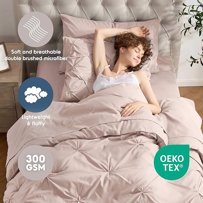 Nestl Twin Comforter Set 5 Piece, Pintuck Twin Bedding Set Blush Pink, College Dorm Room Essentials for Girls and Boys Bed in a Bag Twin All Season, Twin Comforter Set with Sheets, Pillowcase and Sham