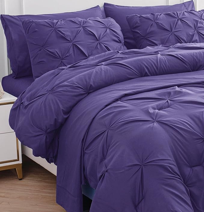LANE LINEN Full Comforter Set – 7 Piece Bed in a Bag – Pinch Pleated Full Size Bedding Set with Comforter, Flat Sheet, Fitted Sheet, Pillowcase & Sham – Soft Pintuck Bed Set - Purple