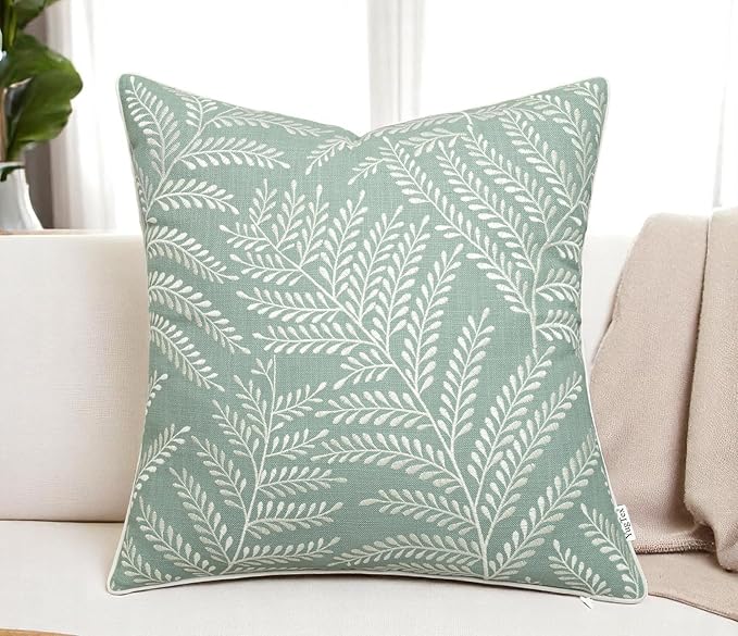 Fern Leaves Embroiderd Decorative Square Accent Throw Pillow Cover - Sofa, Chair, Couch, Bedroom, Living Room, Farmhouse Home Decor - 20x20 Inches, Light Teal